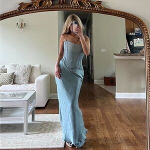 House of CB Set Nastassia & Amadi Cool Blue Embellished Satin corset Maxi sz‎ XS